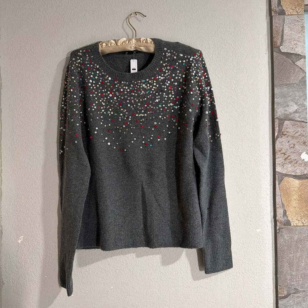 Halogen Dark Heather Grey Multicolor Sequin Embellished Crewneck Sweater